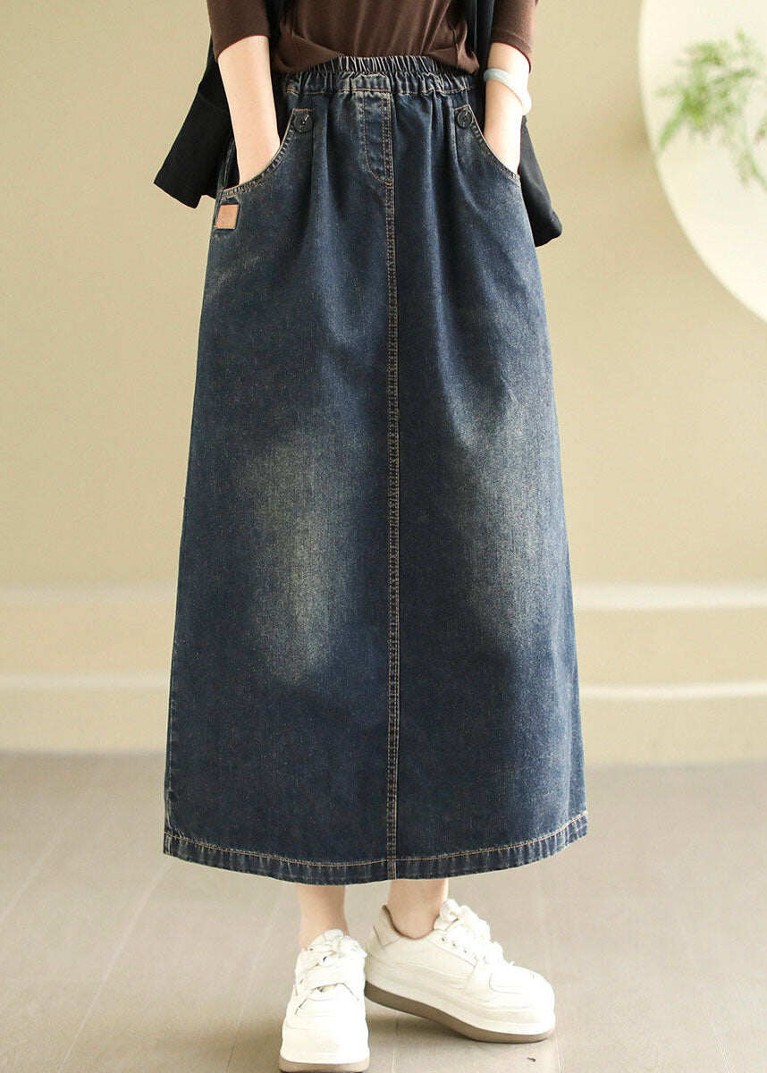 Modern Black Pockets Patchwork Elastic Waist Denim Skirt Spring