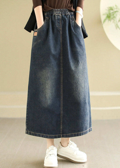 Modern Black Pockets Patchwork Elastic Waist Denim Skirt Spring
