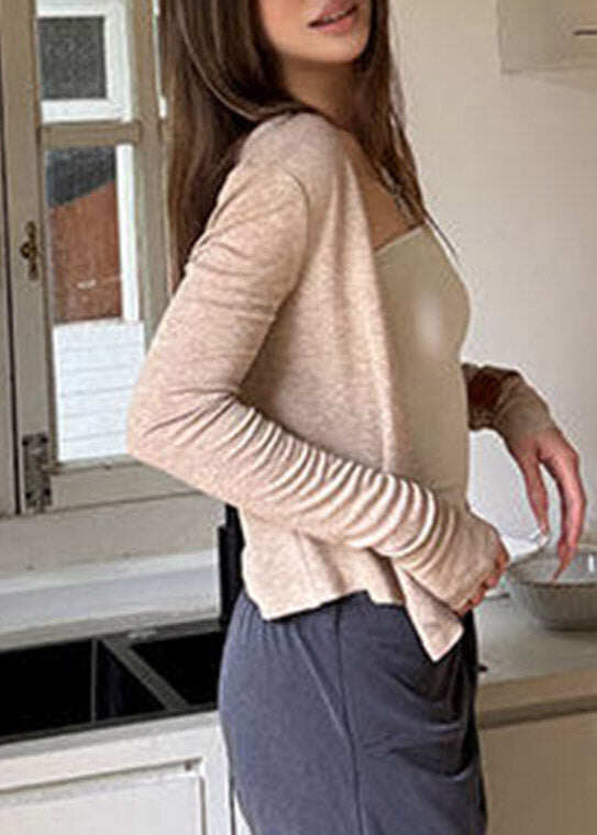 Fitted Khaki V Neck Cozy Woolen Cardigans Spring