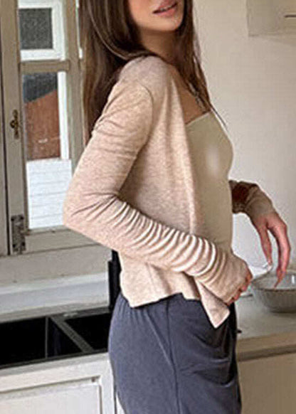 Fitted Khaki V Neck Cozy Woolen Cardigans Spring