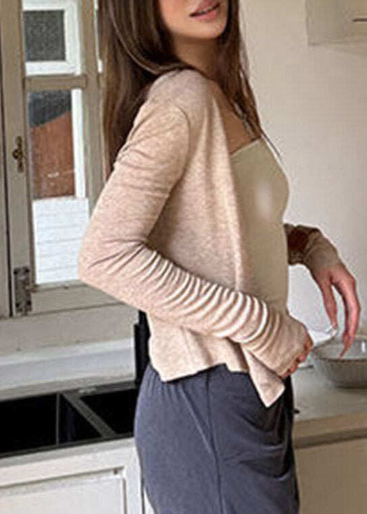 Fitted Khaki V Neck Cozy Woolen Cardigans Spring