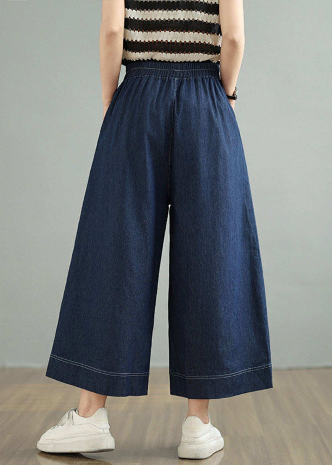 Loose Blue Pockets Elastic Waist Denim Crop Pants Spring