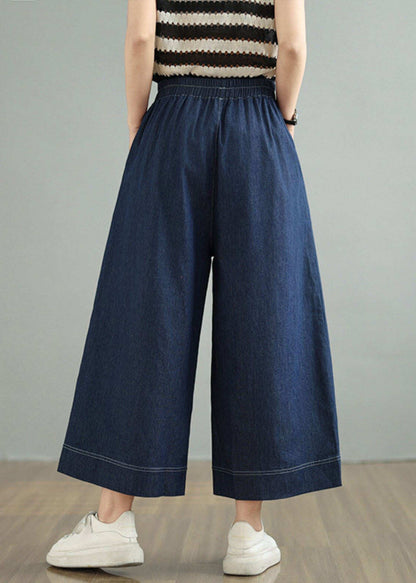 Loose Blue Pockets Elastic Waist Denim Crop Pants Spring