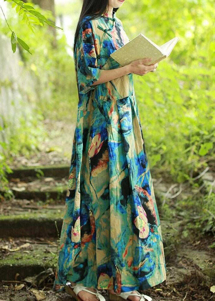 Vintage Blue Stand Collar Print Long Dress Short Sleeve