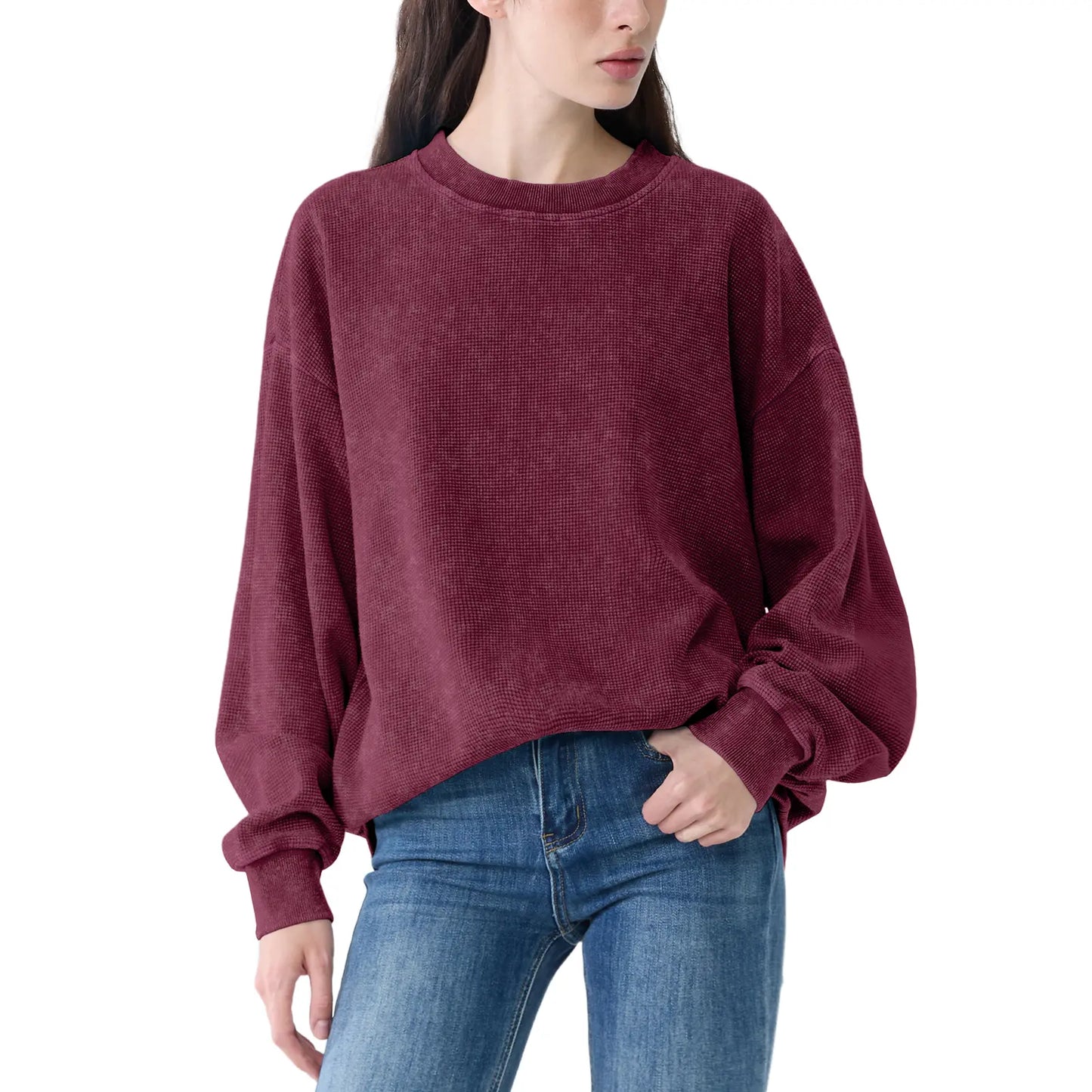 Oversized Waffle Sweatshirt Cotton Pullover
