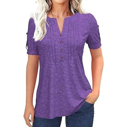 Women’s V Neck T Shirt – Casual Pleated Button Top, Loose Fit Short Sleeve Summer Tee