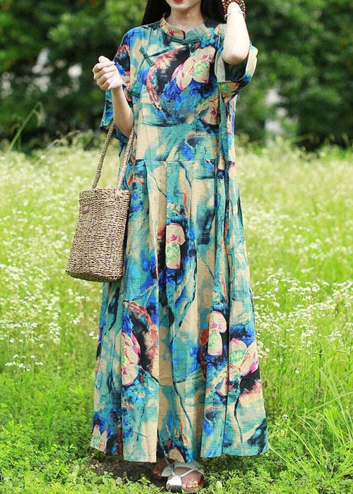 Vintage Blue Stand Collar Print Long Dress Short Sleeve
