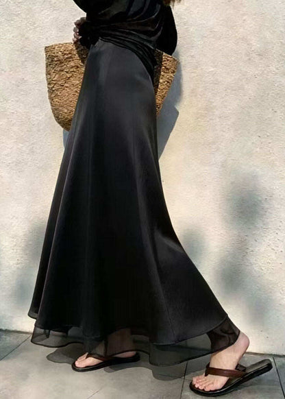 Italian Black Patchwork High Waist Silk Skirt Spring