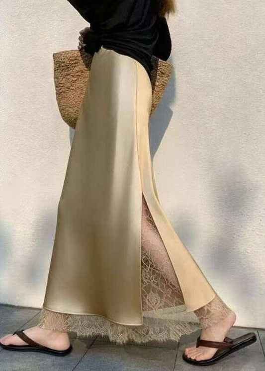 French Champagne Lace Patchwork Silk Skirt Summer