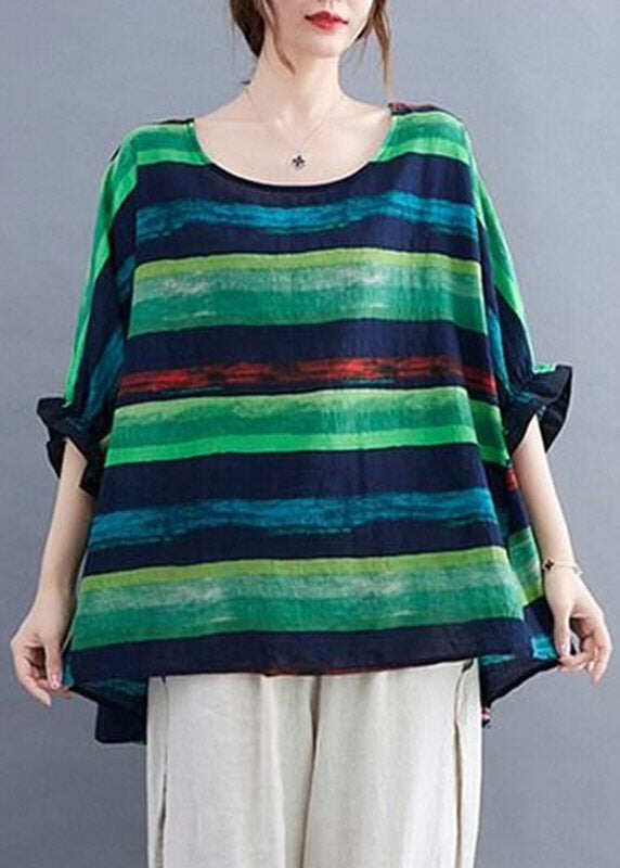 Women Green Striped Low High Design Top Summer
