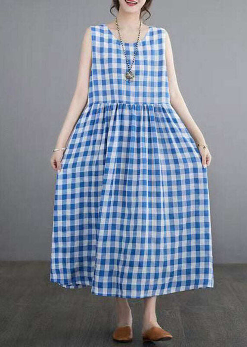 Women Blue Plaid Patchwork Maxi Dresses Sleeveless