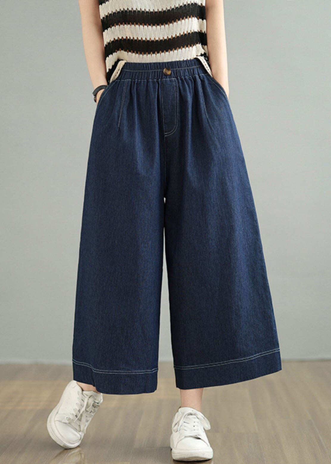 Loose Blue Pockets Elastic Waist Denim Crop Pants Spring
