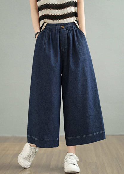 Loose Blue Pockets Elastic Waist Denim Crop Pants Spring