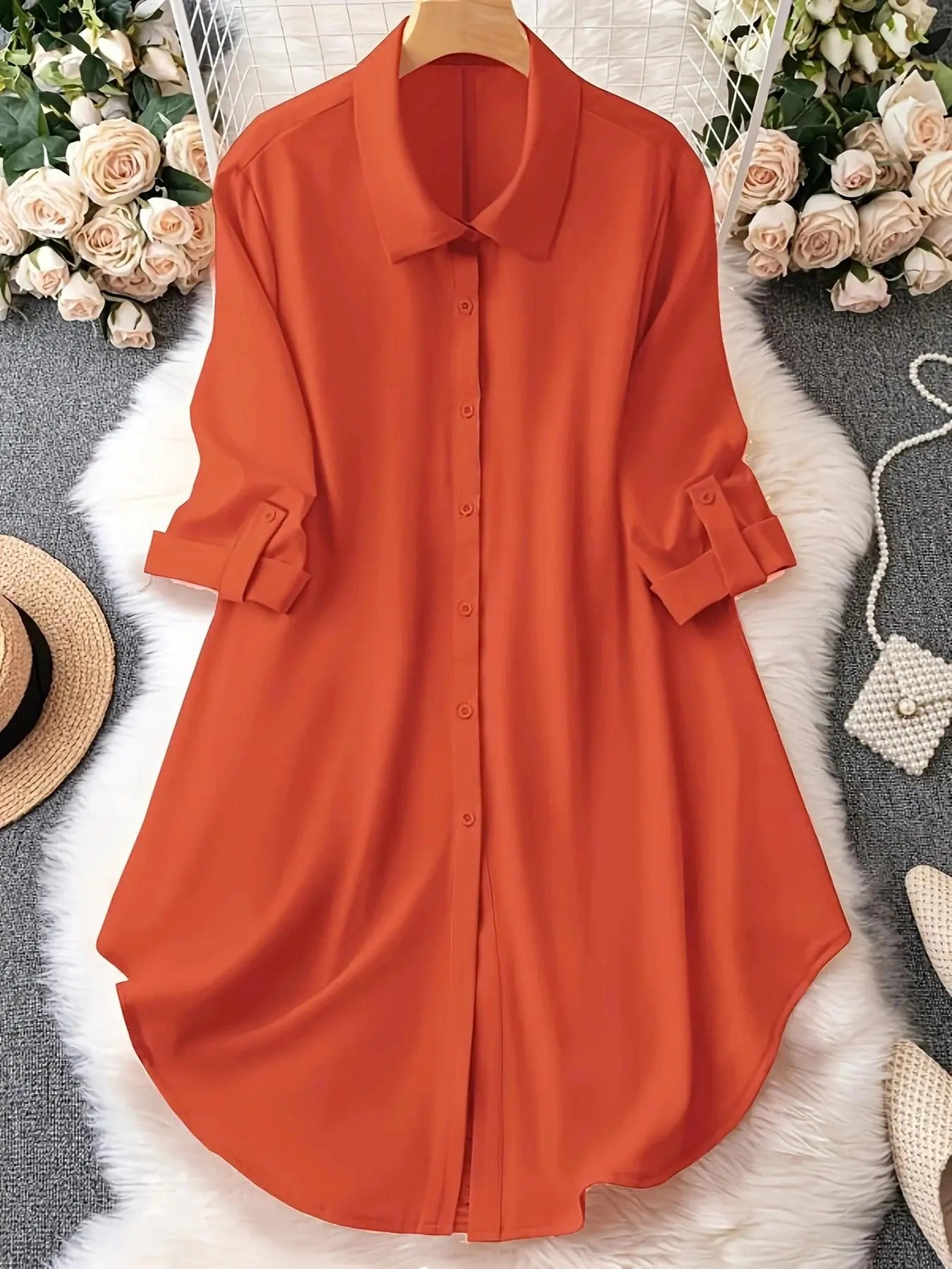 Plus-Size Solid Long Sleeve Button Up Blouse for Spring & Fall