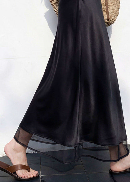 Italian Black Patchwork High Waist Silk Skirt Spring