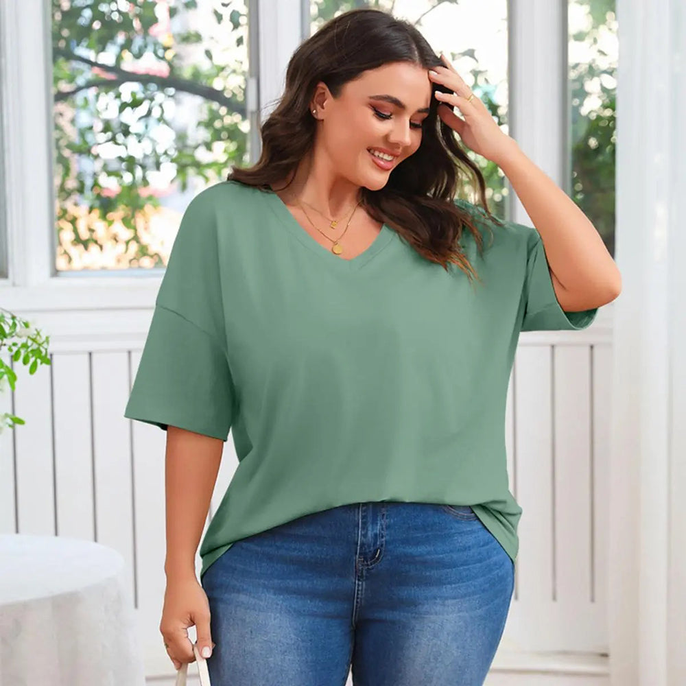🔥 Women's Plus Size V Neck T Shirts Loose Fit Cotton Tunic Tops