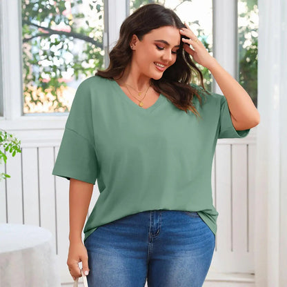 🔥 Women's Plus Size V Neck T Shirts Loose Fit Cotton Tunic Tops