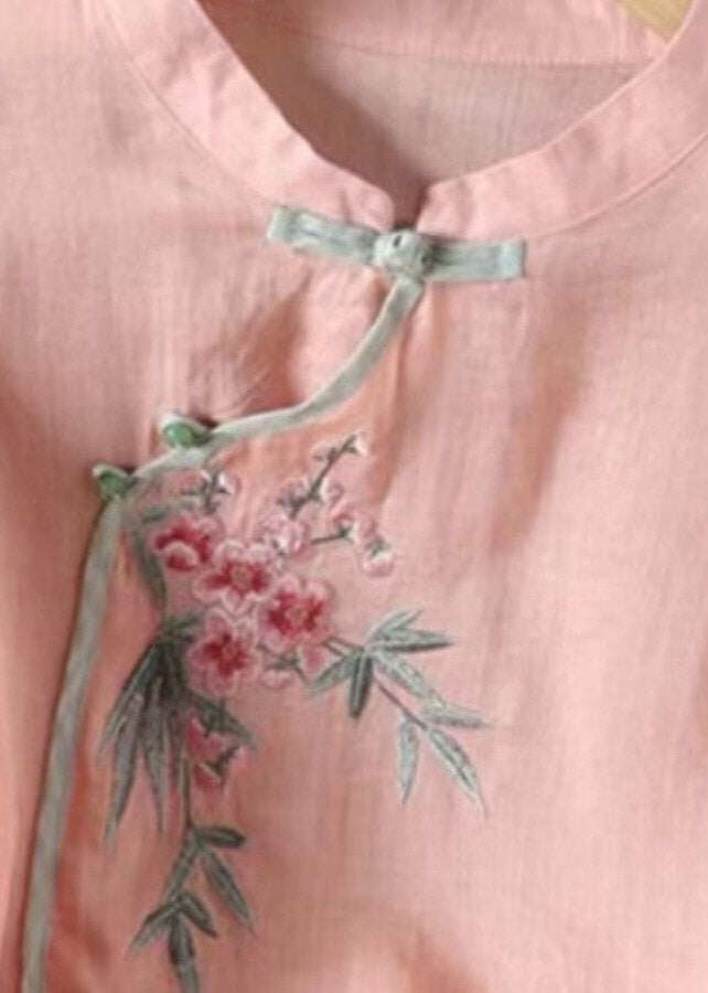 Cute Pink Stand Collar Embroidered Patchwork Shirt Three Quarter Sleeve