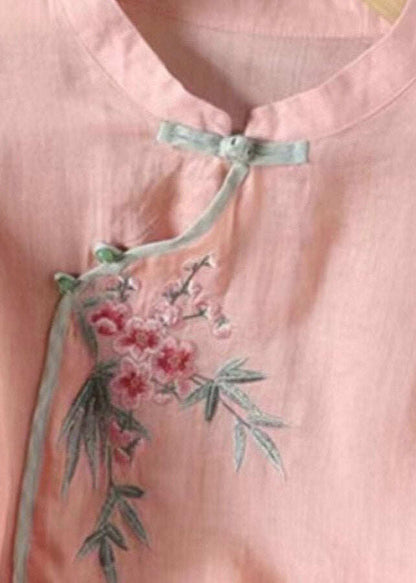 Cute Pink Stand Collar Embroidered Patchwork Shirt Three Quarter Sleeve
