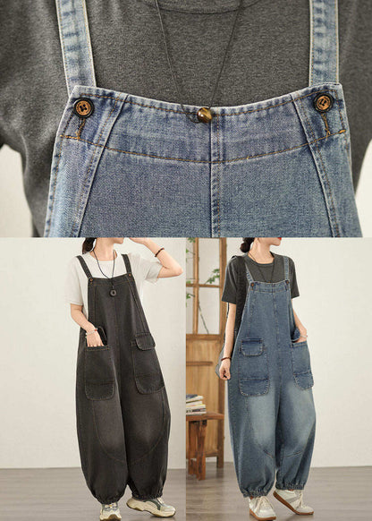 Blue Patchwork Casual Denim Jumpsuit Pockets Spring