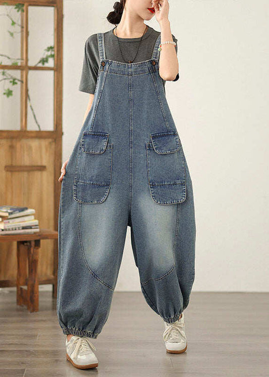 Blue Patchwork Casual Denim Jumpsuit Pockets Spring