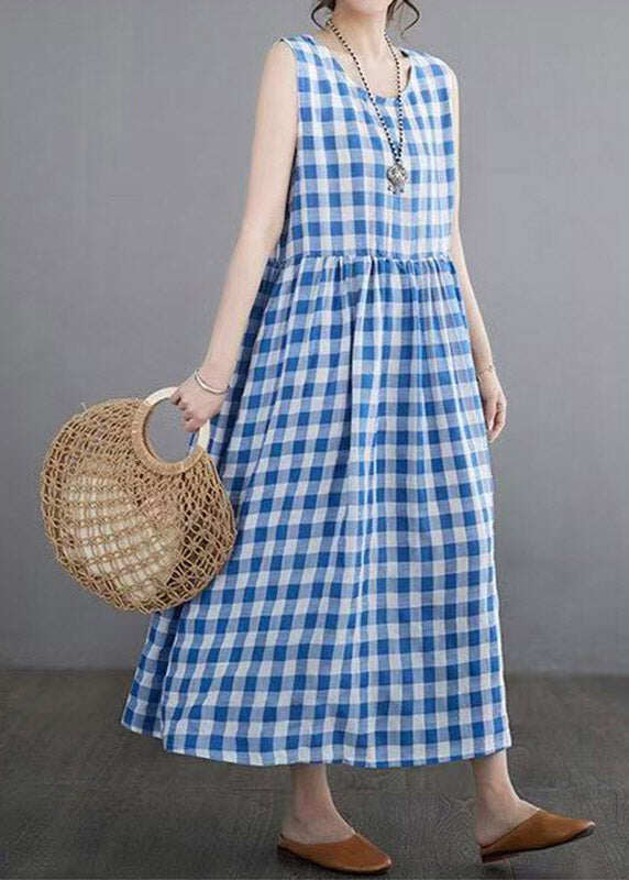 Women Blue Plaid Patchwork Maxi Dresses Sleeveless