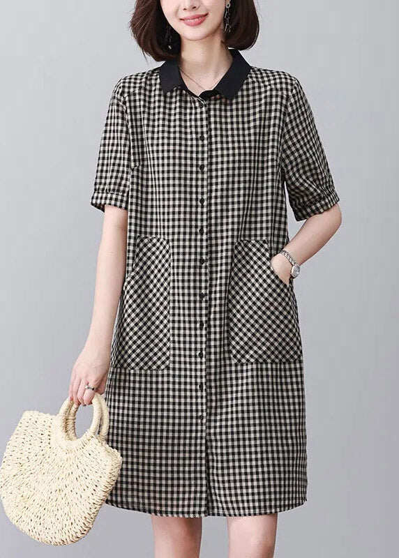 Black Plaid Side Open Mid Dresses Short Sleeve