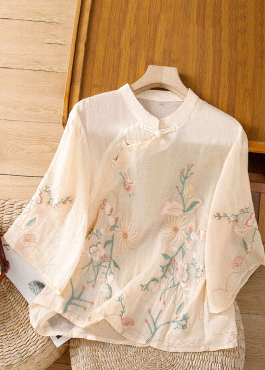 Chinese Style Apricot Embroidered Floral Button Shirt Spring