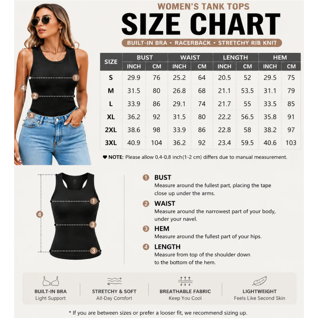 🔥 LAST DAY PROMOTION🍃Women’s Ribbed Tank Top with Built-In Bra – Soft, Stretchy & Supportive