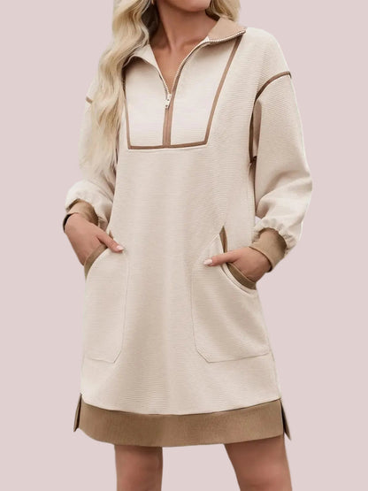 Women's Half Zip Contrast Trim Pocket Dress