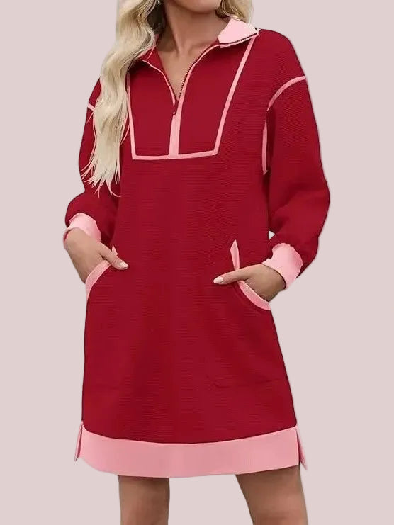 Women's Half Zip Contrast Trim Pocket Dress