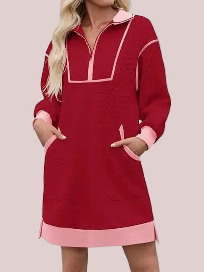 Women's Half Zip Contrast Trim Pocket Dress