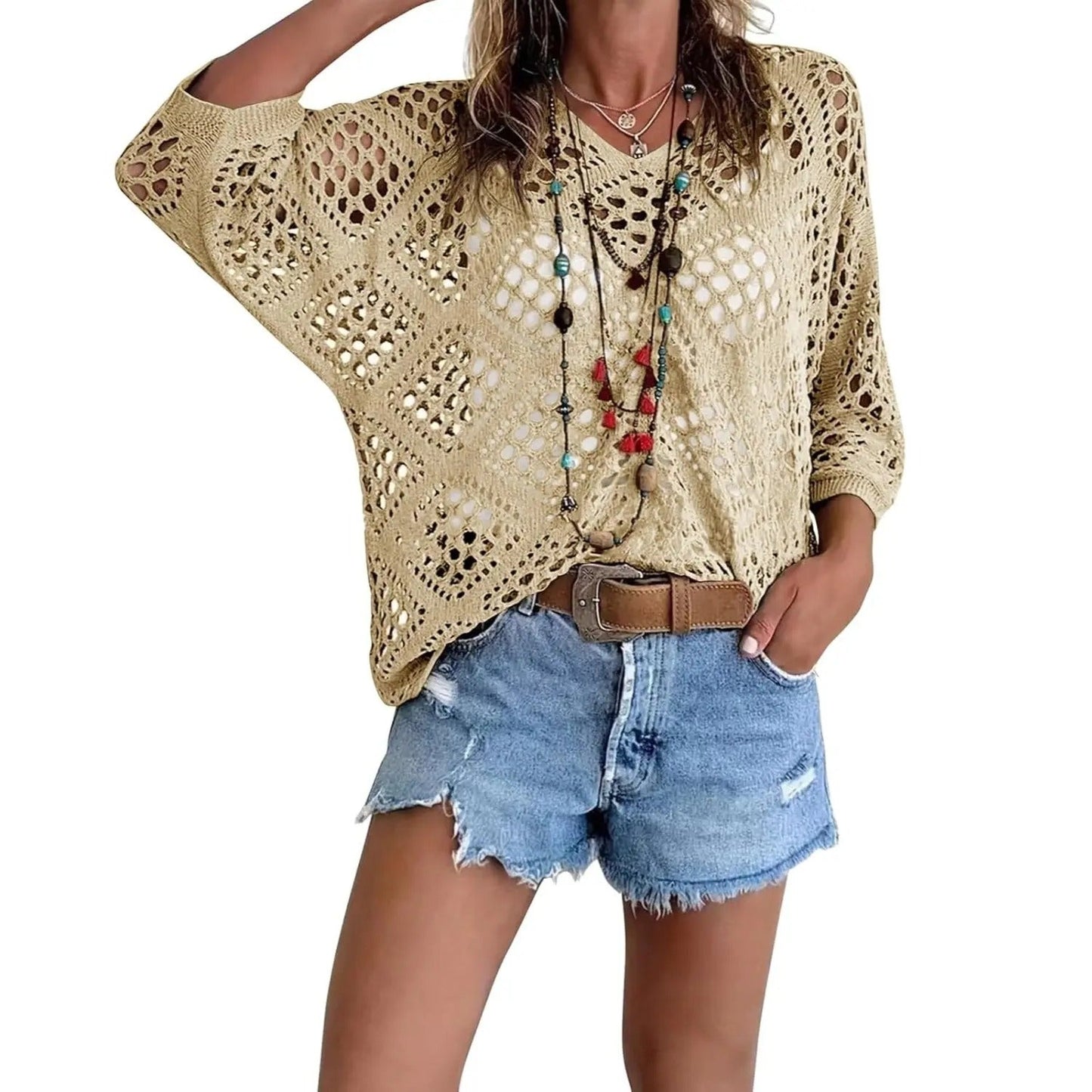Final Sale🔥 Inspired Beige Crochet Top with V-Neck