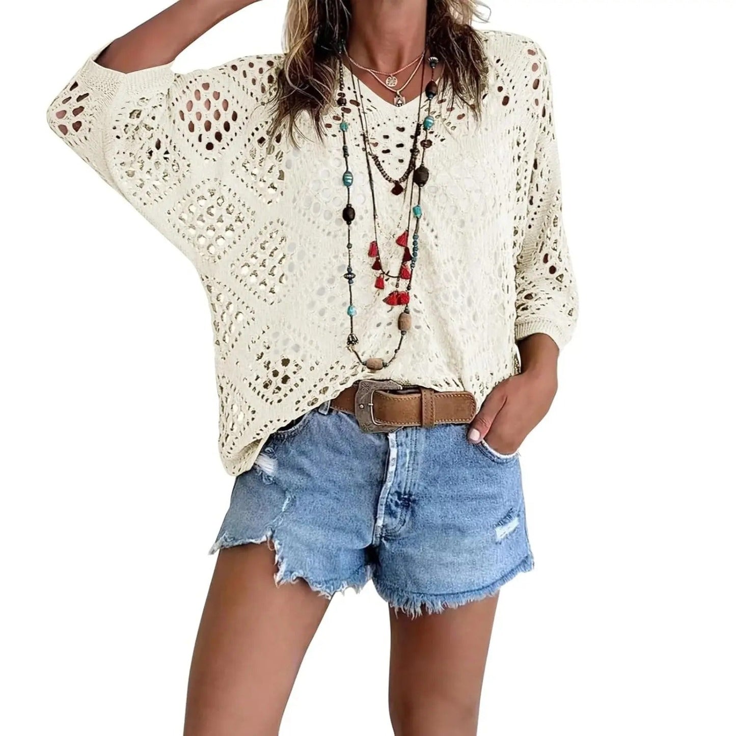 Final Sale🔥 Inspired Beige Crochet Top with V-Neck