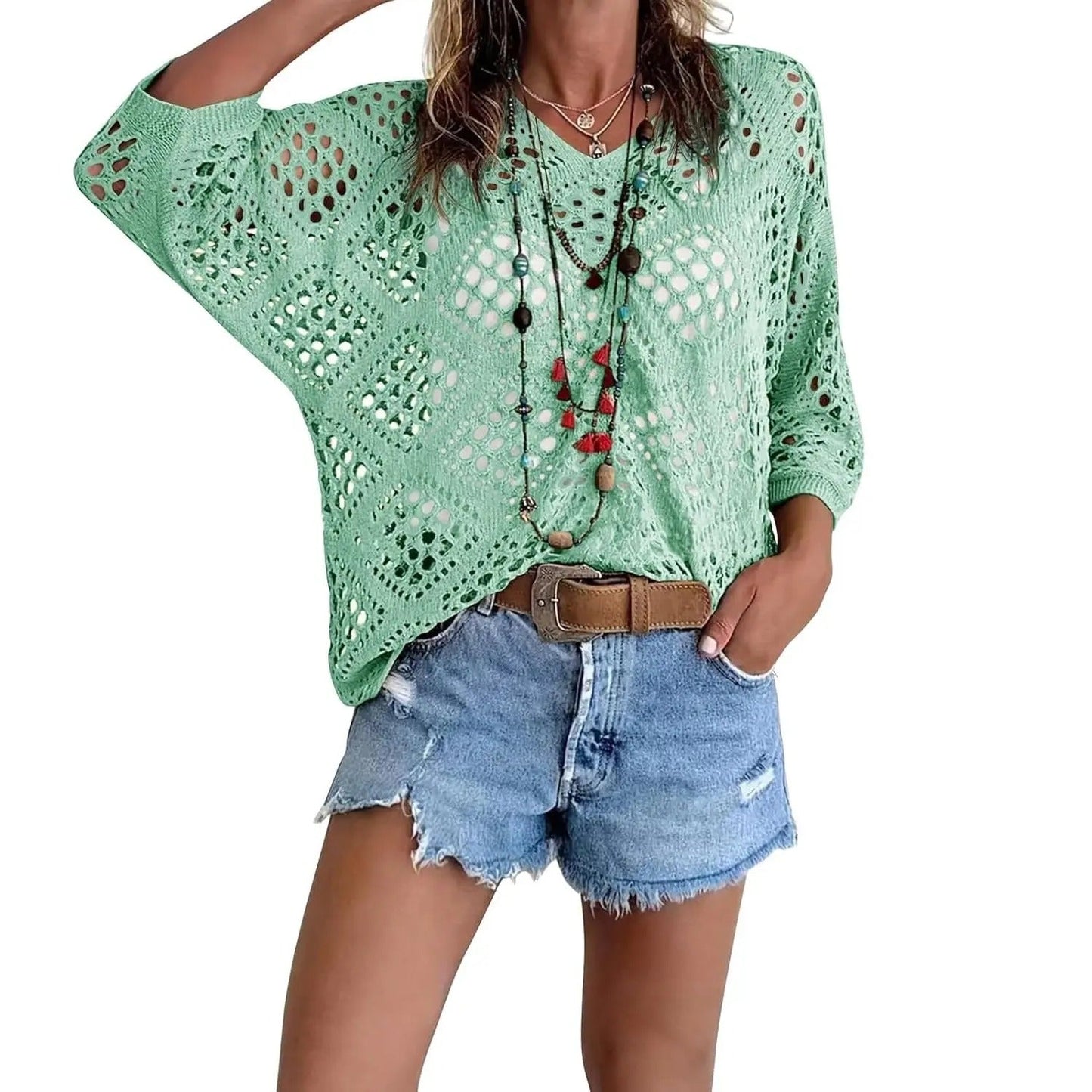 Final Sale🔥 Inspired Beige Crochet Top with V-Neck