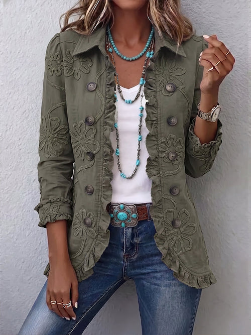 💝💝Boho-Chic Floral Embroidered Utility Ruffled Trim Jacket
