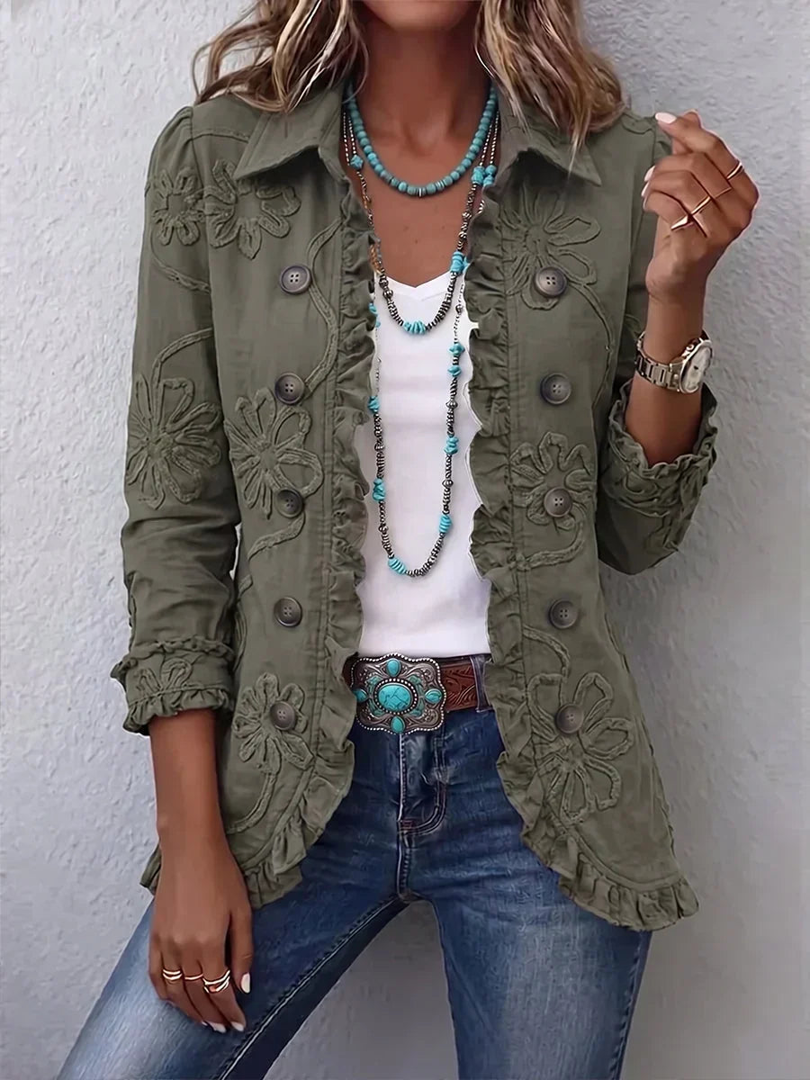 💝💝Boho-Chic Floral Embroidered Utility Ruffled Trim Jacket