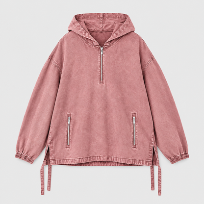 Unisex Cotton Washed Denim Oversized Half Zip Hoodie with Zip Pockets