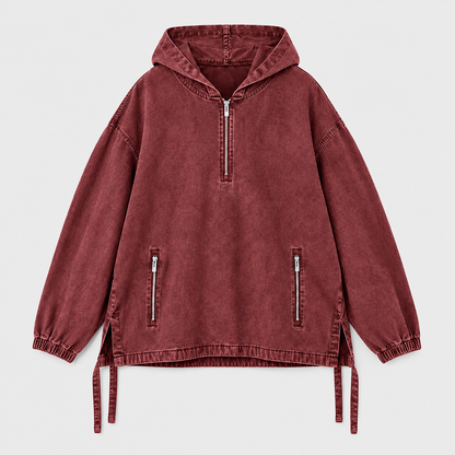 Unisex Cotton Washed Denim Oversized Half Zip Hoodie with Zip Pockets