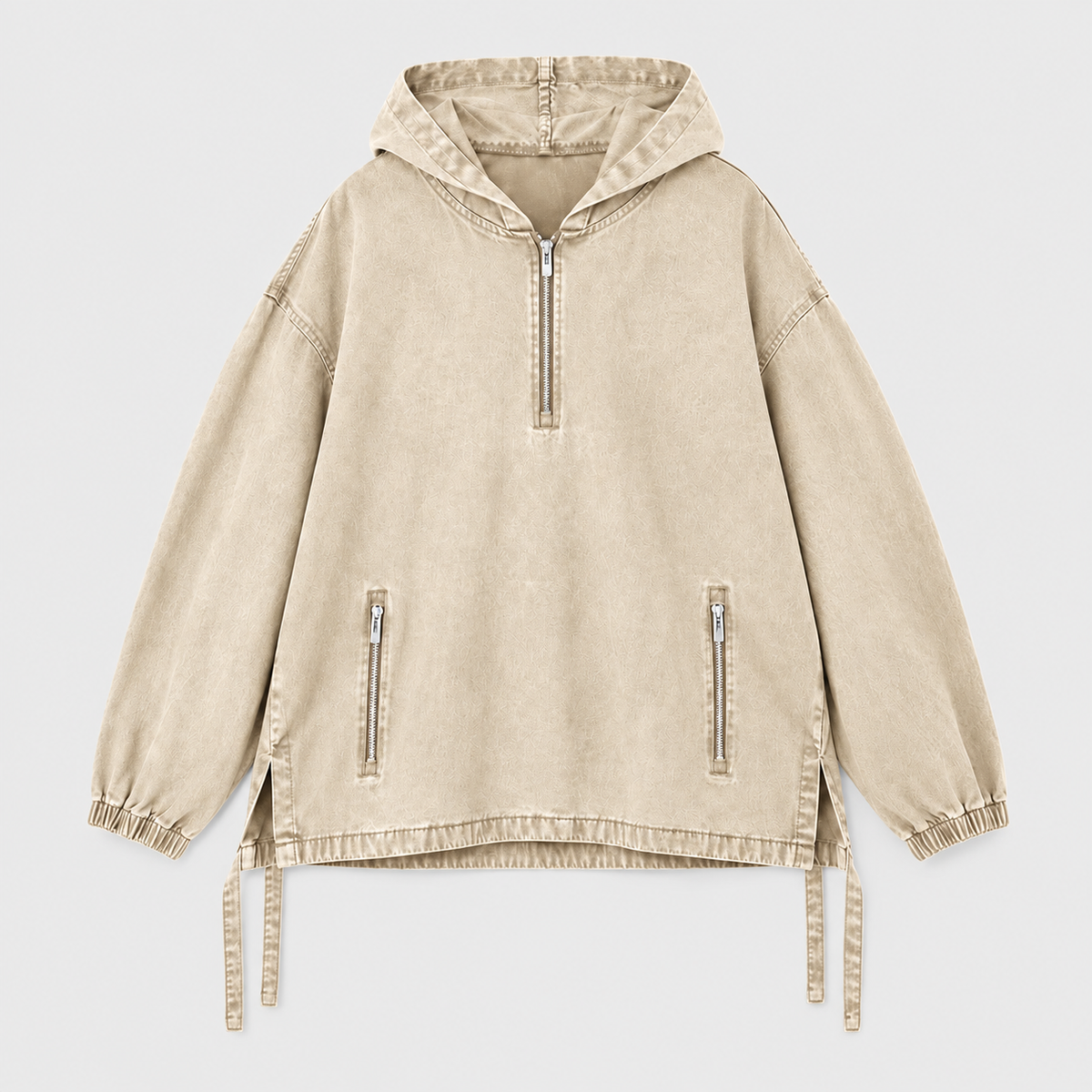 Unisex Cotton Washed Denim Oversized Half Zip Hoodie with Zip Pockets