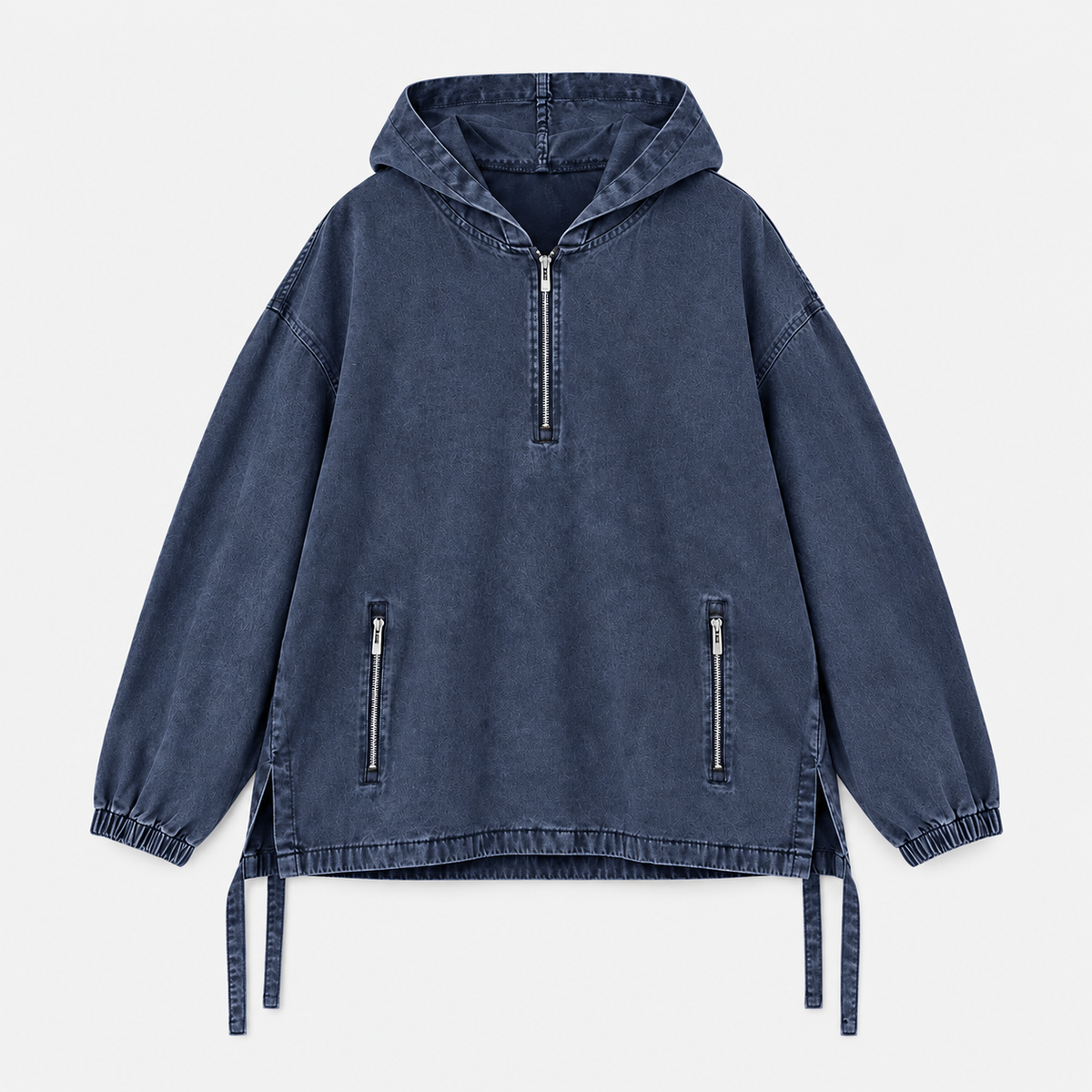Unisex Cotton Washed Denim Oversized Half Zip Hoodie with Zip Pockets