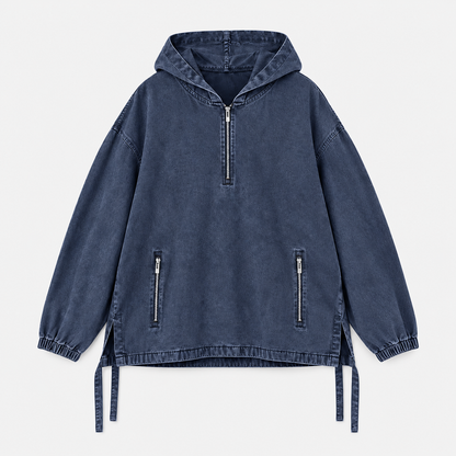Unisex Cotton Washed Denim Oversized Half Zip Hoodie with Zip Pockets