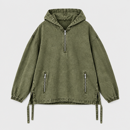 Unisex Cotton Washed Denim Oversized Half Zip Hoodie with Zip Pockets