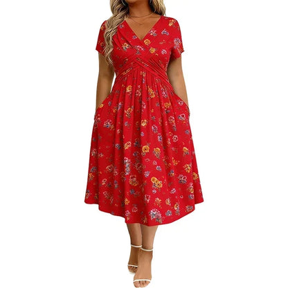 Floral V-neck dress with a twist at the waist—elegant and casual for any occasion